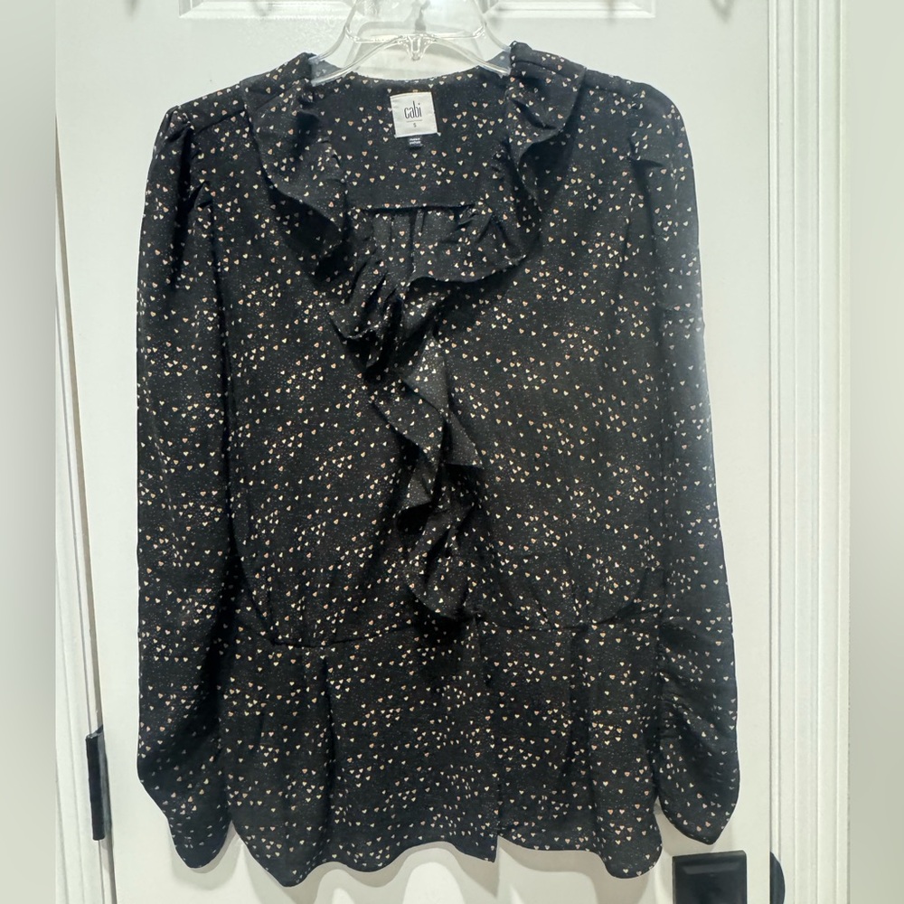 Cross-over Blouse with small hearts (light pink and green). Cinches at waist.